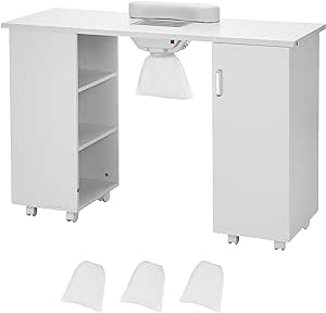 VEVOR Manicure Table, Nail Table Station with Electric Dust Collector, Moveable Nail Tech Desk with 8 Wheels (8 Lockable), 3 Dust Bag & Wrist Rest, MDF Nail Art Workstation for Spa Beauty Salon, White