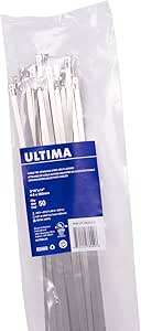 Ultima UT-56824-2 Stainless Steel Self Locking Cable Ties, Multi-Purpose Organizer for Bundling and Securing Cables Cords or Wires, 3/16" x 14", 50 Piece