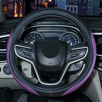 SHIAWASENA Auto Car Steering Wheel Cover, Universal 15 Inch Fit, Microfiber Leather, Non-Slip, Breathable (Black&Purple)
