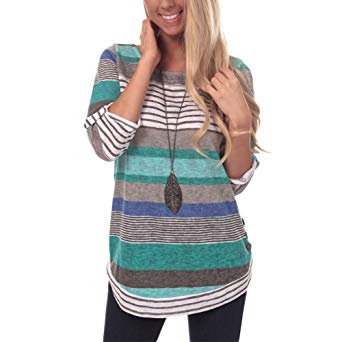 KUREAS Women’s Casual Color Block Striped T-Shirt Round Neck Button Top