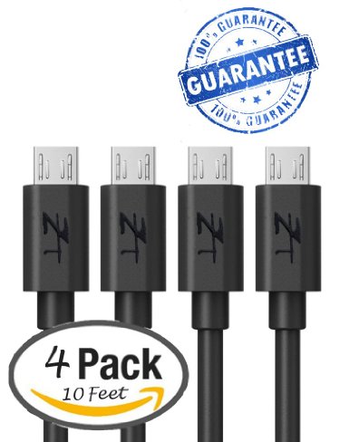 Zeal Tech 4-PackMicro USB Cable 10 Feet High Speed USB 20 A Male to Micro B Sync and Charge Cables Black 4 Pack