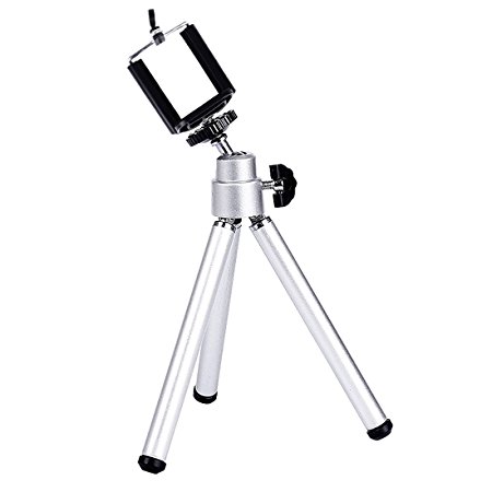 Lightweight 2-Section Legs Mini Tripod Stand with Phone Clip,Folding Legs Silver Tripods for Small Camera, Webcam, GoPro, Phone Holder