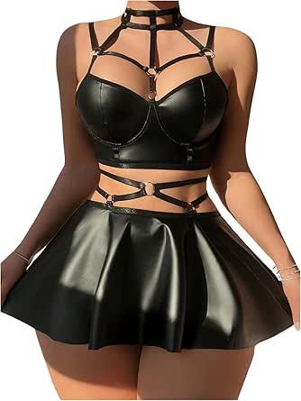 Milumia Women's 3 Piece Pu Leather Cut Out Underwired Mini Skirt Lingerie Set