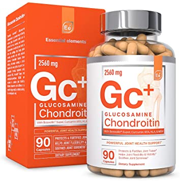Glucosamine Chondroitin MSM Boswellia Serrata Hyaluronic Acid Supplement - Essential Elements | Joint Support Antioxidant Supplement for Flexibility - 90 Capsules
