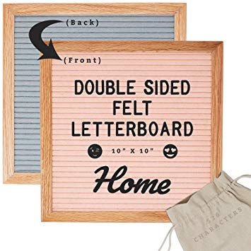 Double Sided Letter Board 10 x 10 (Pink Felt & Gray Felt) 536 Characters: Letters, Large Cursive Words, Emojis, Icon Symbols - Changeable Felt Message Board Set Includes Wood Stand & Wall Display