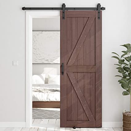 SMARTSTANDARD 30in x 84in Sliding Barn Door with 5ft Barn Door Hardware Kit & Handle, Pre-Drilled Ready to Assemble, DIY Unfinished Solid Spruce Wood Panelled Slab, K-Frame, Coffee