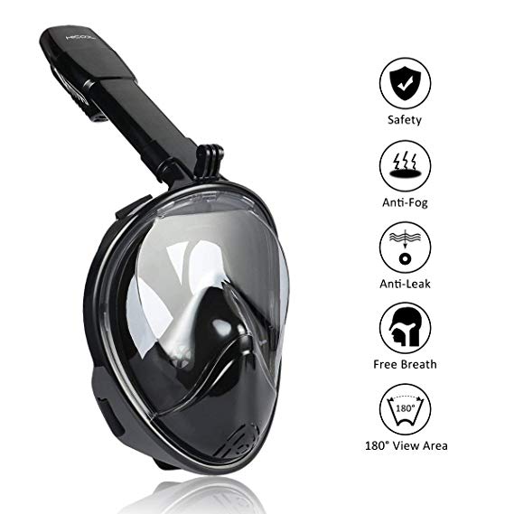 Snorkeling Mask for Adults, HiCool 180 Degree Larger Flat Viewing Snorkeling Diving Mask with Detachable GoPro Mount （Gopro Compatible） and Longer Ventilation Pipe for Anti Fog and Anti Leak