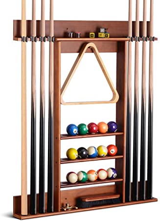 XCSOURCE Billiard Cue Rack, Wall Mounted Wooden Poor Cue Rack, 8 Holes for Billiard Cues, 5-Layer Platform Can Hold Balls, Chalk, Brushes,etc. Beautiful and Convenient, Suitable for Billiard Room.