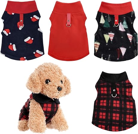 Rbenxia 4 Pieces Red Buffalo Plaid Dog Sweaters with Leash Ring Soft Fleece Vest Dog Pullover Warm Jacket Pet Dog Clothes Winter Dog Outfits for Small Puppy Cat Pets (Small)