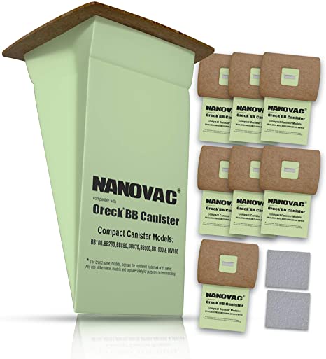 NANOVAC Vacuum Cleaner Bags PKBB12DW - for Oreck Vacuums AK1BB8A, BB180, BB280, BB850, BB870, BB880, BB900, BB1000, BB1100, BB1200, CC1600 and MV160-8 Canister Vacuum Bags and 2 Motor Filters (8 2)