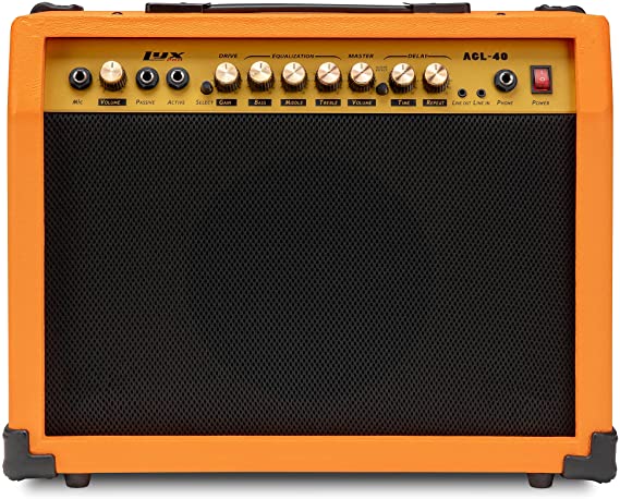 LyxPro 40 Watt Electric Guitar Amplifier | Solid State Studio Amp with 8” 4-Ohm Speaker, Custom EQ Controls, Drive, Delay, ¼” Passive/Active/Microphone Inputs, Aux In & Headphone Jack - Sunburst