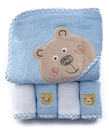 Hooded Towel - 100% Cotton Baby Hooded Terry Bath Towel with 4 Washcloths by Ely's & Co. (Light Blue)