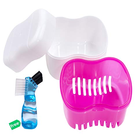 Denture Case,Denture Brush Retainer Case,Denture Cups Bath,Dentures Container with Basket Denture Holder for Travel,Retainer Cleaning Case (Pink)