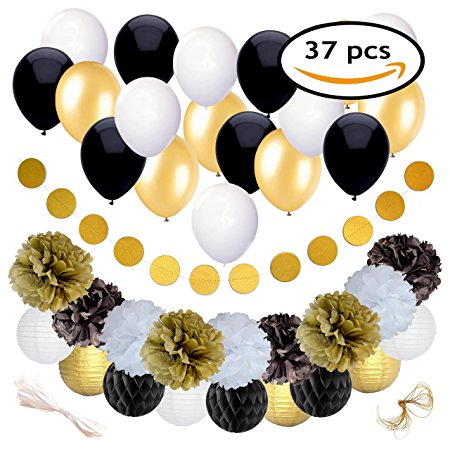 Perfect Black and Gold Party Decorations - 25th, 30th, 40th, 50th, 60th Birthday For him Theme Rocks, Wedding, Anniversary Event With Charm - Adults set Balloons, Honeycomb, Lanterns, Pompoms, Garland