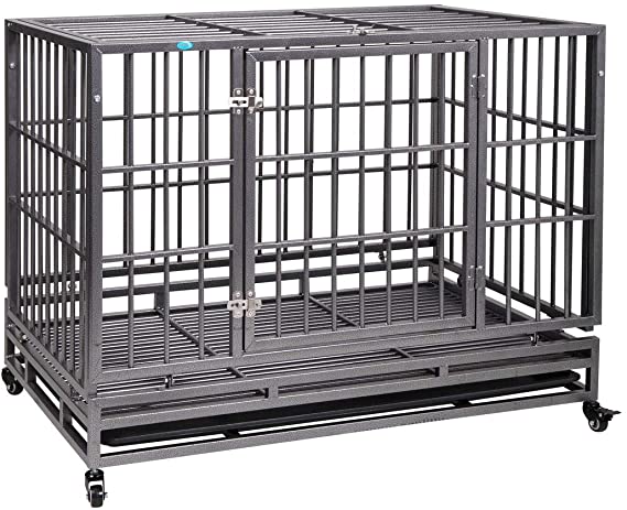 JAXPETY Flat Roof Heavy Duty Dog Cage Strong Metal Kennel and Crate for Dogs Pet Playpen with Four Wheels and Double Door Indoor Outdoor