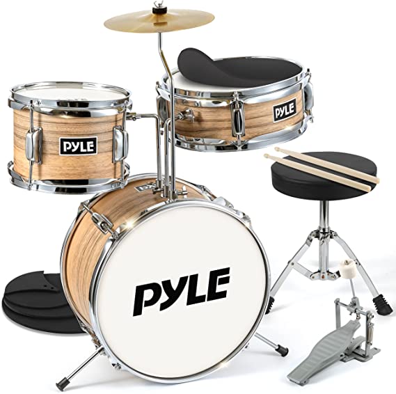 Pyle 3-Piece Kids Drum Set - 13" Complete Junior Drummer Kit with Wooden Shells, Bass & Foot Pedal, Snare, Tom, Cymbal w/Stand, Pair of Drumsticks, Adjustable Comfortable Padded Throne, For Beginner