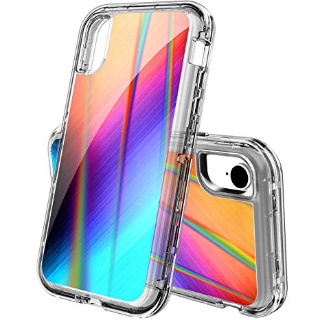 ACKETBOX iPhone Xr Cases，Hybrid Impact Defender 3in1 Laser Beam Aurora Design Hard PC Back Case Clear Bumper and Transparent TPU Full Body Protective Cover for iPhone Xr(Aurora-01)