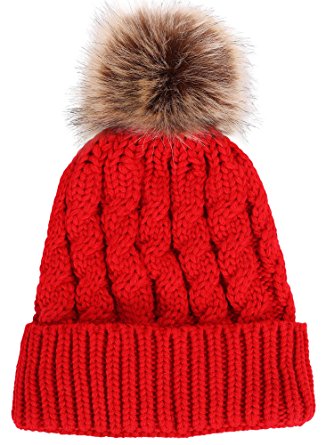 Livingston Women's Winter Soft Knitted Beanie Hat With Faux Fur Pom Pom
