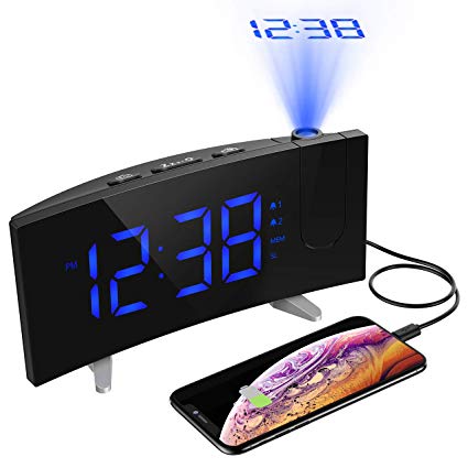 PICTEK Projection Alarm Clock, [Upgrade Version]5" Large LED Curved-Screen Digital FM Radio Ceiling Projector Alarm Clock with Dual Alarms, Snooze Function, Sleep Timer, Dimmer, Battery Backup,12/24h