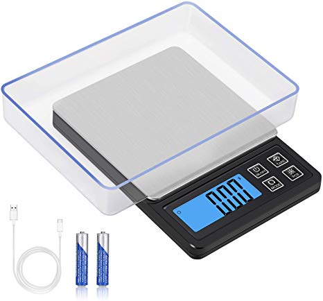 Zibet Rechargeable Digital Kitchen Scale Food Scale Jewelry Scale,0.01g-600g Pocket Scale with Backlit LCD Display,Tray,6 Units,Auto Off,PCS and Tare Function,Stainless Steel