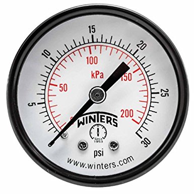 Winters PEM Series Steel Dual Scale Economy Pressure Gauge, 0-30 psi/kpa, 2" Dial Display, +/-3-2-3% Accuracy, 1/4" NPT Center Back Mount
