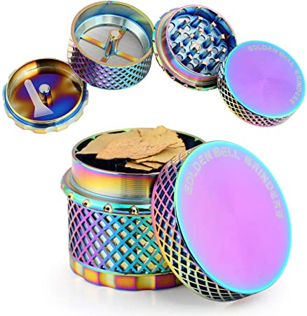 Golden Bell 4 Piece Thread-less Spice Herb Grinder, 2.2 Inch - Rainbow Color