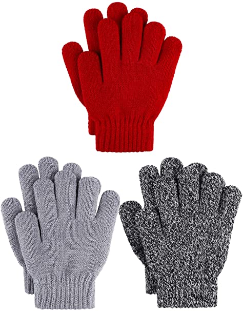 Cooraby 3 Pairs Kid's Winter Gloves Thick Cashmere Warm Knitted Gloves Children Cold Weather Gloves