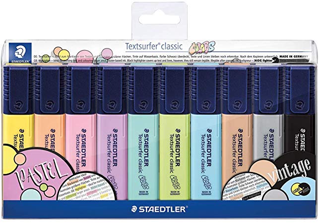 Staedtler Textsurfer Classic 364 Highlighter, Made in Germany, with Large Ink Reservoir for Extra Long Marking Performance, Case with 10 Colours, Pastel & Vintage 364 CWP10