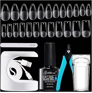 Gelike ec Nail Tips and Glue Gel Kit x Nail Extension Set Mini lampada per unghie e 6 in 1, 240 pezzi Soft Gel Full Cover per unghie French Timbro per unghie medio e quadrato