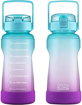 BOTTLE BOTTLE Half Gallon/64 oz Water Bottle with Straw Big Handle Protective Silicone Boot Sports Water Bottle with Time Marker Leak Proof Reusable Water Jug for Adult and Kids (Green Purple)
