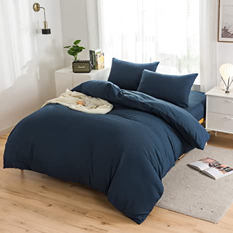 AYSW Bedding Set and Fitted Sheet Double Size 4 Pieces Brushed Microfiber with 1 Duvet Cover 2 Pillowcases and 1 Fitted Sheet Navy