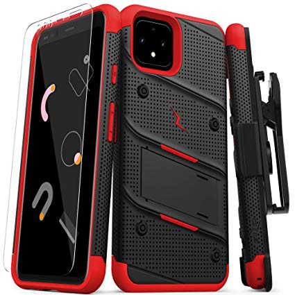 ZIZO Bolt Series Google Pixel 4 XL Case | Heavy-Duty Military-Grade Drop Protection w/Kickstand Included Belt Clip Holster Tempered Glass Lanyard (Black/Red)