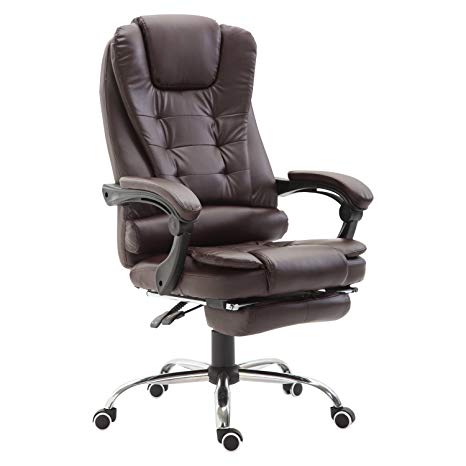 HomCom Reclining PU Leather Executive Home Office Chair with Footrest - Dark Brown