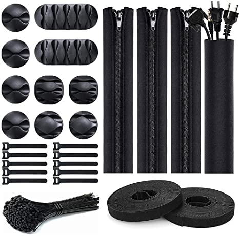 Oksdown 126 Pack Black Cable Management Organizer Kit Include 4 Cable Sleeve with Zipper  10 Self Adhesive Cable Clips Holder  10 and 2 Pcs 5m Long Reusable Straps  100 Nylon Cable Ties Cord Wire Tidy