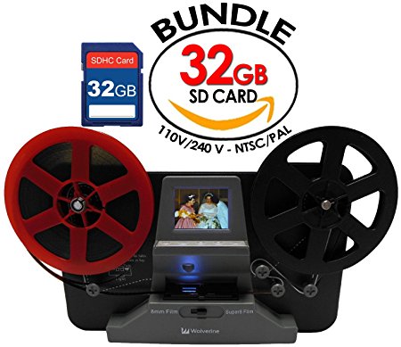 Wolverine 8mm and Super8 Reels Movie Digitizer with 2.4" LCD, Black (Film2Digital MovieMaker), Includes 32GB SD Memory Card & Worldwide Voltage 110V/240V AC Adapter (Bundle)