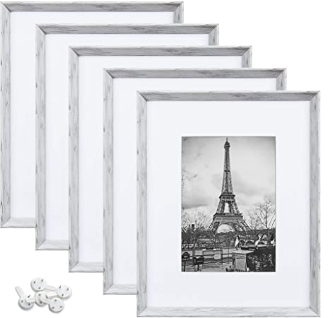 upsimples 8x10 Picture Frames with High Definition Glass,Display Pictures 5x7 with Mat or 8x10 Without Mat,Rustic Photo Frames for Wall or Tabletop Display,Set of 5,Distressed White