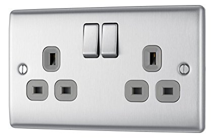 BG NBS22G 13 A 2-Gang Metal Brushed Steel Double Pole Switched Socket - Brushed Steel Grey Insert