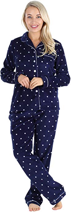 PajamaMania Women's Plush Fleece Long Sleeve 2-Piece Button-Down Pajamas PJ Set