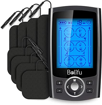 Belifu TENS EMS Unit Muscle Stimulator 24 Modes, Dual Channel TENS Unit, Rechargeable Electric Pulse Massager for Pain Relief/Management & Muscle Strength with 8 Pcs Electrodes Pads