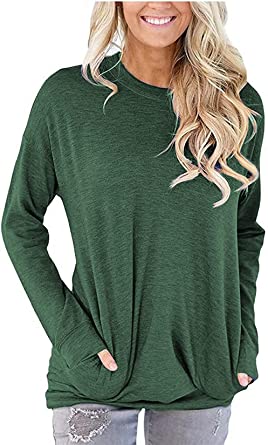 Womens Casual Lightweight Sweatshirts with Pockets Loose Fit Long Sleeve Solid Color Pullover Tops Shirts Tunic Tops