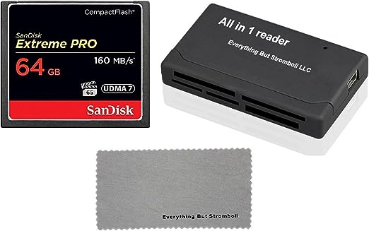 SanDisk Extreme Pro 64GB CompactFlash CF Memory Card works with Canon EOS 5D Mark II, 7D, Digital DSLR Camera HD UDMA 7 (SDCFXPS-064G-X46) with Everything But Stromboli (TM) Cloth and Combo Reader