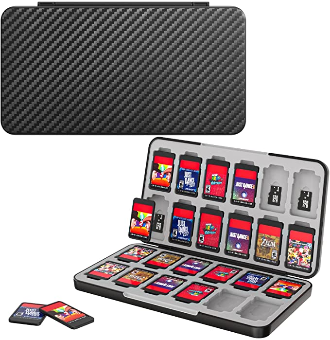 MoKo 24 Game Card Case Compatible with Nintendo Switch OLED 2021/Switch/Switch Lite, Switch Games Holder case for Switch Game Card & SD Card, Slim & Portable Game Card Storage Box, Black Carbon Fiber