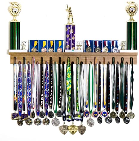 Medal Awards Rack Premier Medal Hanger Display Rack and Trophy Shelf for Gymnastics, Soccer, Basketball, Football, and More – Stained Walnut, 3 ft