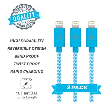 Go Beyond Nylon Braided Series 10ft 8pin USB Charge and Sync Cable for iPhone SE/5/6/6s/Plus/iPad Mini/Air/Pro (Blue Nylon - 3 Pack)