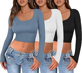 Ekouaer 3 Piece Long Sleeve Crop Tops for Women Scroop Neck Lightweight T Shirts Base Laying Thermal Tee S-XXL