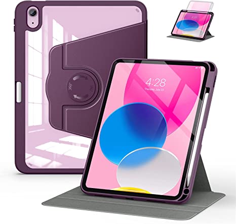 Soke Rotating Case for iPad 10th Generation 10.9-Inch 2022 with Pencil Holder - 360 Degree Rotate Stand Protective Case with Clear Back & Smart Sleep/Wake Cover - Purple