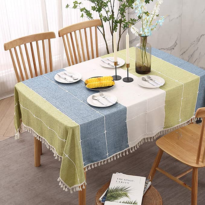 Oblong Tablecloth, 55 x 86Inch Blue & Green, Checkered Table Cloth Rectangle, Table Cover Protector with Tassel Stripe for Kitchen Dinning Tabletop Decoration.