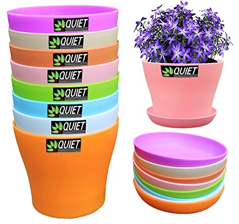 QUIET 8 Colors Cute Mini Colorful Plastic Flower Pots Planters With Saucers,Seedlings Flower &Seeds Germination & Succulent Plants Pots