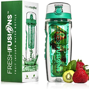 Fresh Fusions 32 oz Fruit Infuser Water Bottle And Sleeve Combo Set - Now With Full Length Infuser