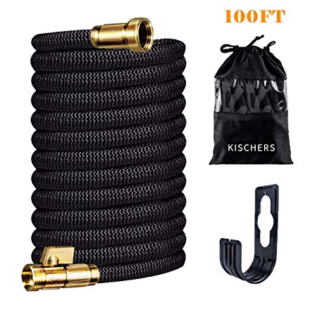 KISCHERS Expanding Garden Hoses 100 ft Anti-Burst Expandable Water Hose Pipe with 3-Layers Natural Latex Core, 3/4 Solid Brass Fittings with Storage Bag & Hook Black